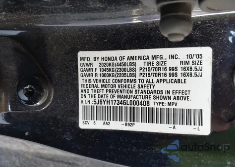 2006 Honda Element Lx from USA, damaged, VIN 5J6YH17346L000408